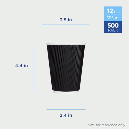 12 oz Ripple Insulated Coffee Cup [500 Count] Black Disposable Paper Hot Cup (12 OZ / Black)