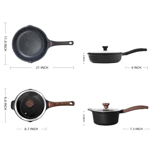 4QT Sauce Pan & 12.5IN Skillet Set with Lids (Black / 4 Quarts + Skillet)