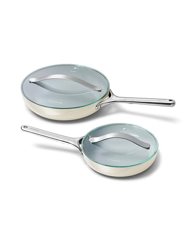 Ceramic Fry Pan Duo with Glass Lids (1x 10.5 IN & 1x 8 IN / Cream)