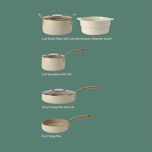 Pots and Pans Set (Almond Cream w/ Gold Handle / 8-Piece Cookware Set)