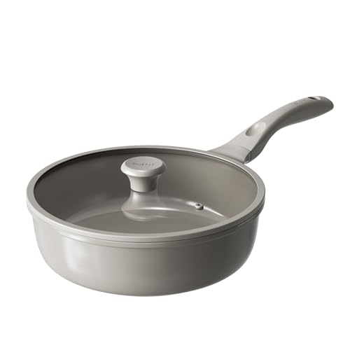 Deep Ceramic Frying Pan with Lid (Gray / 10inch Saute Pan With Lid)