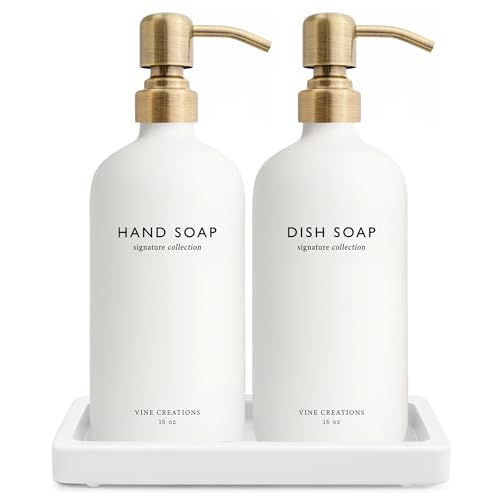Glass Soap Dispenser Set (White Bottle / Brushed Brass Pump)