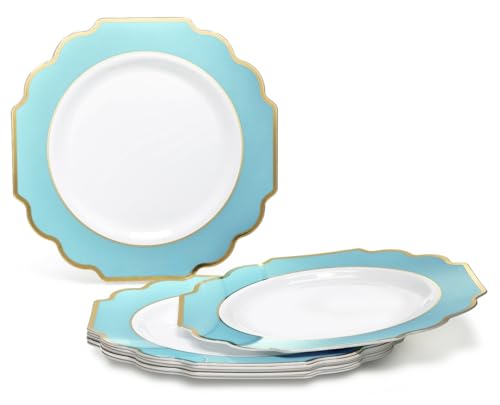 OCCASIONS Disposable Plastic Plates for 40 Guests (320 Piece (40 Guest) / G. Imperial Aqua & Gold)