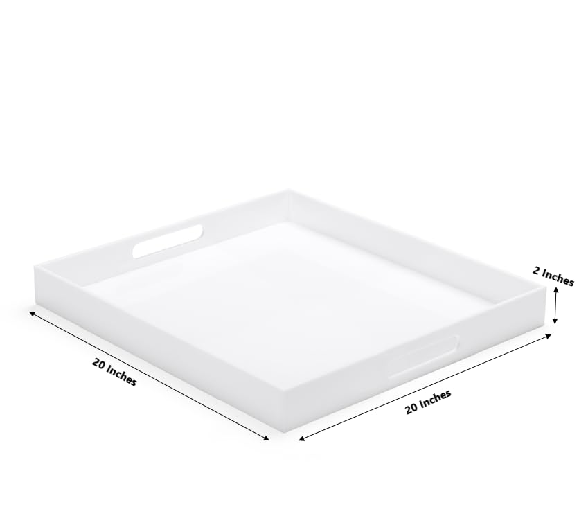 White Modern Acrylic Ottoman Tray with Cutout Handles 20x20 Inch Over