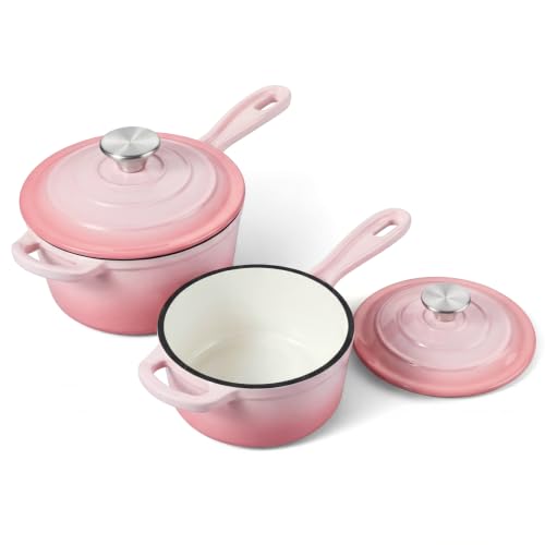 Cast Iron Sauce Pan Pot (Pink / 1+2 Quarts)