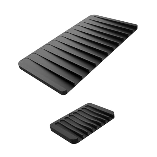 Self Draining Silicone Dish Drying Mat and Silicone Soap Dish Holder for Bathroom or Kitchen Counter in Black (Drying Mat & Soap Holder / Black)