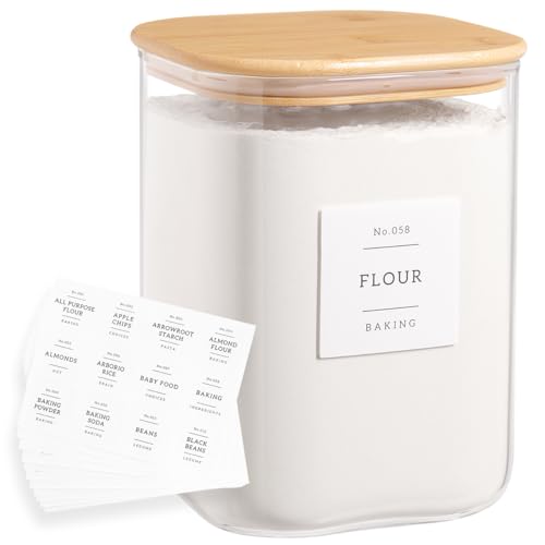 Large glass flour and sugar containers with 132 Kitchen Pantry Labels (110OZ)