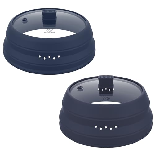 2 Pack Microwave Splatter Cover Glass Guard Lid with Collapsible Silicone for Food Pot Plate 8.5 inch and 9.8 inch Dark Blue (DARK BLUE / Taller style 8.5 inch+common style 9.8")