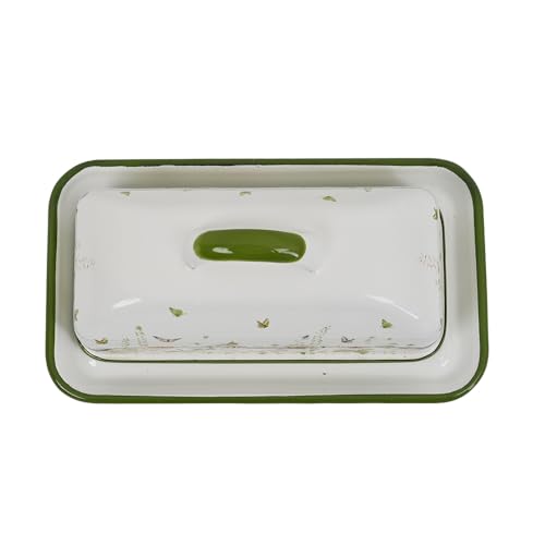 Enamel Butter Dish with Lid Vintage Enamelware Butter Keeper with Flower and Bee Patterns Farmhouse Butter holder Butter container for Kitchen Decor (Green)