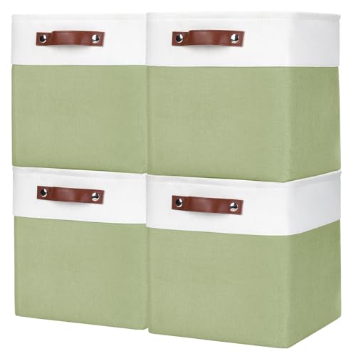 Collapsible Fabric Storage Cubes 11x11 Cube Storage Bins (Green / Off-White / Cube - 11"x11"x11")