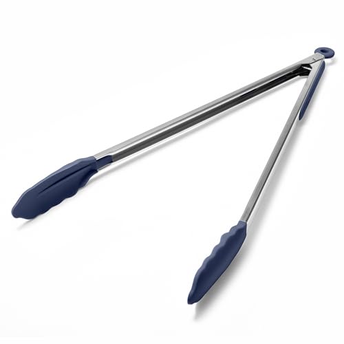 Kitchen Tongs with Silicone Tips for Cooking Serving (16in / Navy Blue)