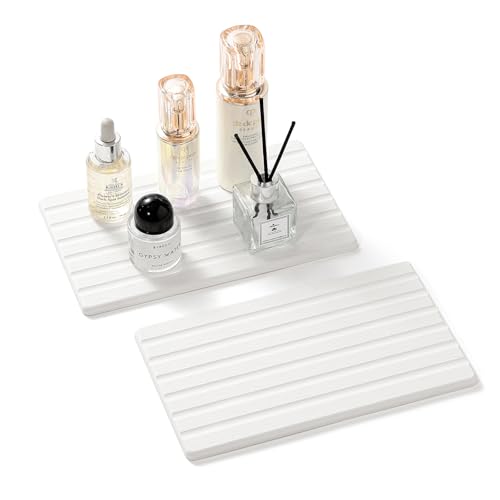 2PCS Water Absorbing Stone Drying Tray Mat for Bathroom Sink & Kitchen Counter Organizer (2 Pack - Natural White / 10"x 6")