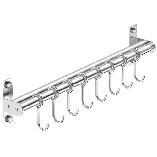 Utensil Hanging Rack Stainless Steel Rail Hanger Rod Wall Mounted Pot Pan Lid Holder Cookware Storage Organizer with Sliding Hooks for Kitchen Bathroom