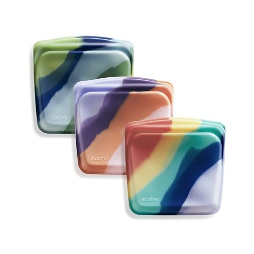 Premium Reusable Silicone Bags and Lunch Bag (Rainbow Splash + Purple Wave + Blue Current / 3-Pack)