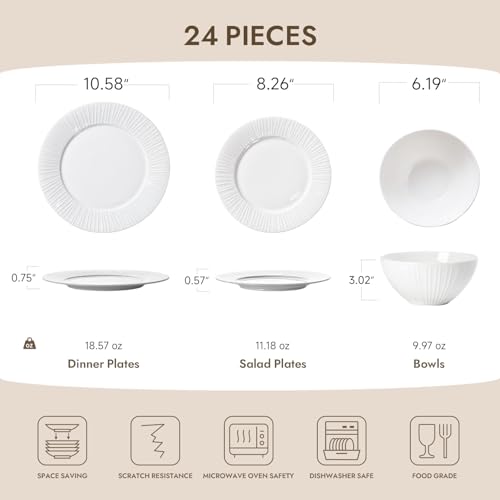 24Pc Bone China Dinnerware Set & 40Pc Flatware Combo Set for 8 (White-striped / service for 8-64pcs)