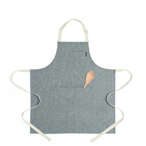 100% Pure Linen Apron (Stem Green / Ivory / 33 X 30 Inch)