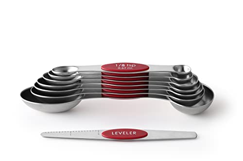 Stainless Steel 8 Magnetic Measuring Spoons Set (Red / 2-Pack)