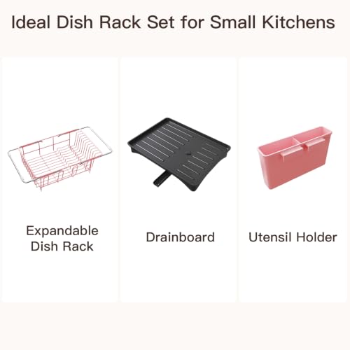 Pink Expandable Dish Drying Rack Over Sink with Extra Drainboard (Pink / For 11.5"-16" W Sink with Cup Holder & Drainboard)