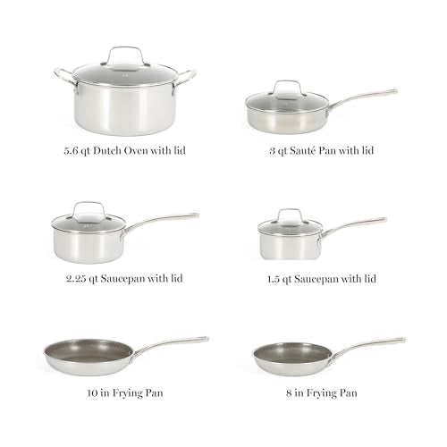 Badgley Hybrid Nonstick 10 Piece TriPly Stainless Steel Pots and Pans Non (Triply Stainless / 10-Piece Set)