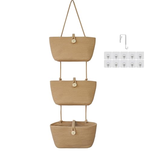Over the Door Hanging Baskets with Wooden Button (Jute / 3 tier+Wooden Button)