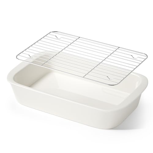9x13 Ceramic Casserole Dish with 304 Stainless Rack (White / 13.7")