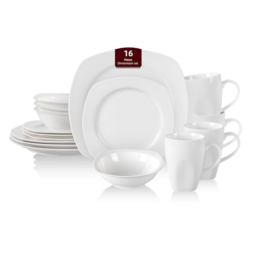 HomeVss New Bone China Embossed Dinnerware Set (Square Coupe / Service for 4 - 16pc Set)