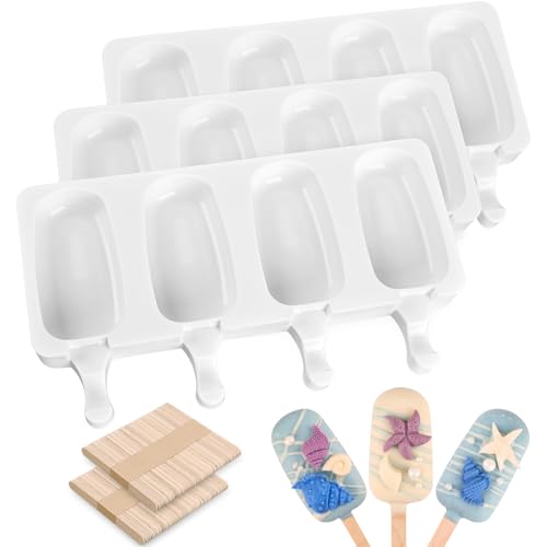 3 Pcs 4 Cavity Mini Popsicle Silicone Molds with 100 Wooden Sticks (3 Pcs Mini - White)