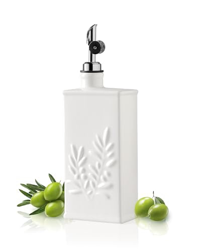 Sweejar Ceramic Olive Oil Dispenser Bottle for Kitchen (17 Oz(Silver Spout) / White)
