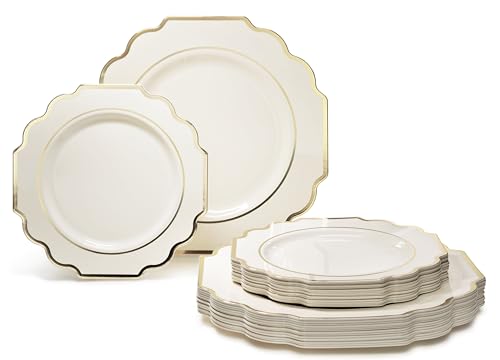 OCCASIONS Disposable Plastic Plates for 25 Guests (200 Piece (25 Guest) / J. Imperial Ivory & Gold)