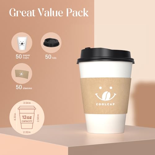Coffee Cups with Lids and Sleeves (White- 50packs / 12 oz)