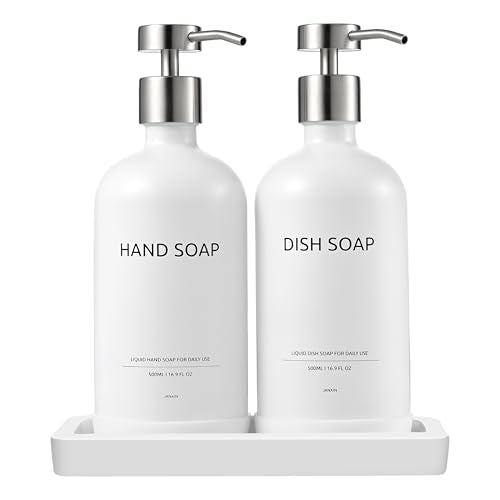 Glass Kitchen Soap Dispenser Set with Ceramic Tray (White Bottles + Silver Pumps)
