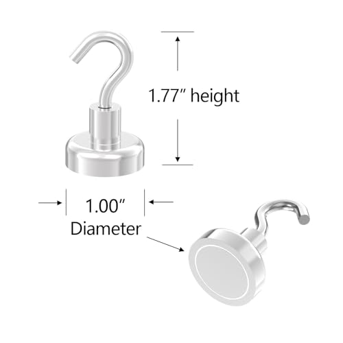 Strong Magnetic Hooks with 1 Inch Dia Magnet Base (1.00" Dia - 80lbs - 12Pack)