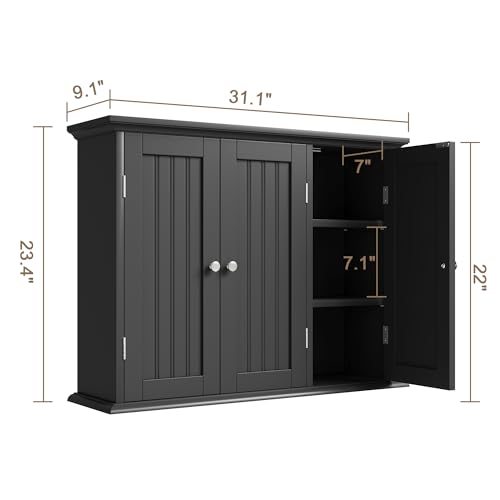Laundry Cabinet with 3 Doors and Adjustable Shelves (Black / 9.06"D x 31.1"W x 23.4"H)