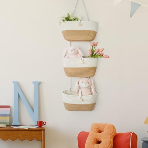 Over the Door Hanging Baskets with Wooden Button (White&Jute / 3 tier+Wooden Button)