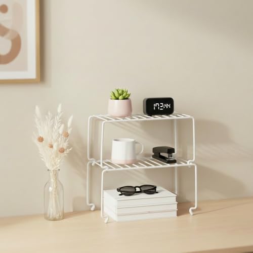 4-Pack Small (10.8x5.3inch) White Stackable Shelf Organizer Rack, Wire Shelf Rack for Kitchen Cabinet, Pantry, Desk Organization and Storage, Rustproof (Small Stackable / 4-PACK)
