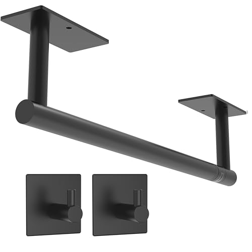 Black Paper Towel Holder Under Cabinet with 2 Hooks Self Adhesive