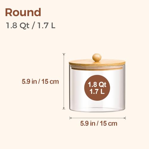 Glass Storage Jars with Bamboo Lids 1.8 Qt 2 Pack Large Round (1.8Qt-Round-2 Pack)