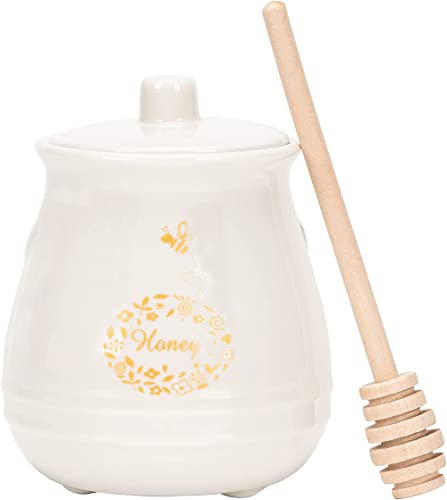 Ceramic Honey Jar with Wooden Honey Dipper (Honey Jar-White)