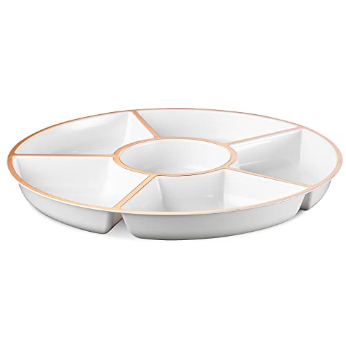 6 Sectional Round Plastic Serving Tray (White & Rose Gold)