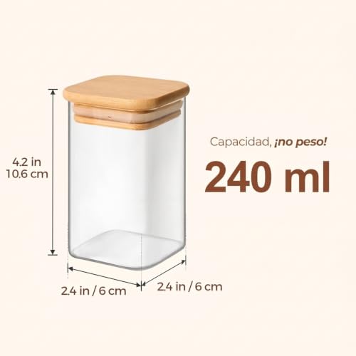 Square Glass Spice Jars with Labels 8 oz 6 Pack with Bamboo Lids (6 Count)