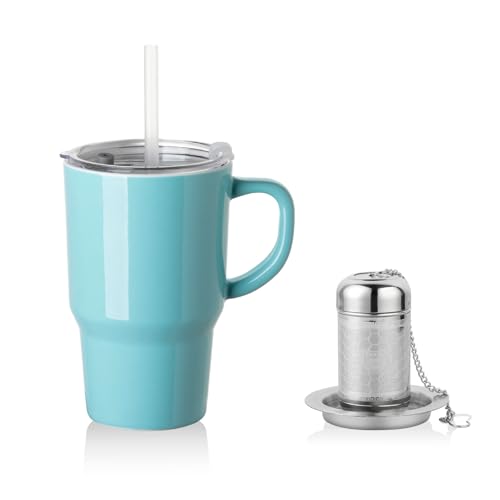 Sweejar Ceramic Tea Cup with Lid (Turquoise / Travel Cup(16 Fl Oz))