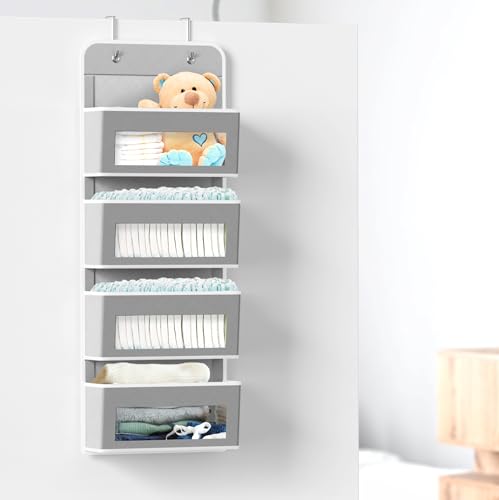 4 Clear Window Pocket Over Door Hanging Organizer (4 Pockets / Gray)