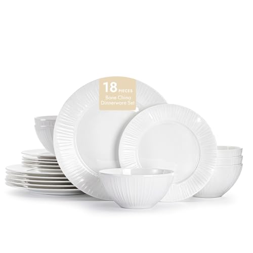 18Pc Textured White Bone China Set Service for 6 (White-striped / service for 6-18pcs)