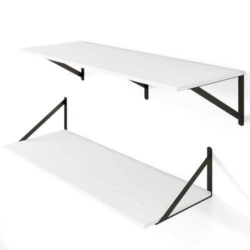 32W x 12D Deep Floating Shelves Set of 2 White (White With Black Metal Bracket / 32Wx12Dx5.8H)