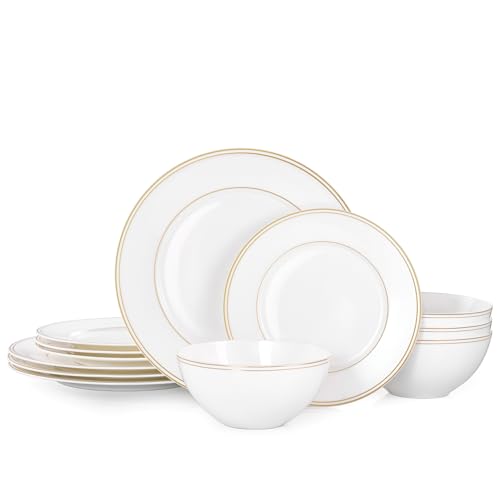 12Pcs Gold Trim White Bone China Set (White-gold trim / service for 4-12pcs)
