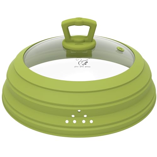 Microwave Splatter Cover Vented Glass Splatter Guard Lid with Collapsible Silicone for Food as Pot Cover 11.8 inch Large Plate for 6 7 8 9 10 11 inch Plate Bowl (Regular style 11.8 inch / Green)