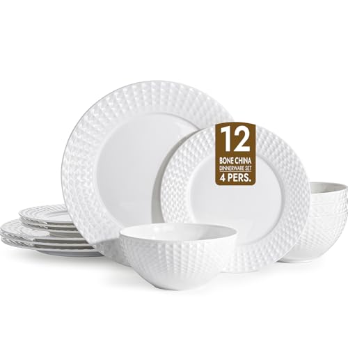 12Pc Rhombus Edge White Bone China Set (White-Rhombus / service for 4-12pcs)