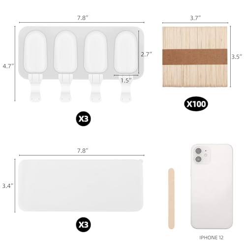 3 Set Small Popsicles Molds with Lids and 100 Pieces Wooden Popsicles Sticks (White / Small Size)