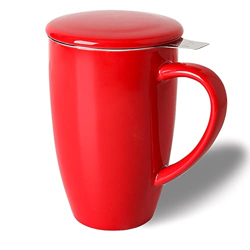 Sweejar Porcelain Tea Infuser Mug with Lid (Red / Tea Cup(16 Fl Oz))