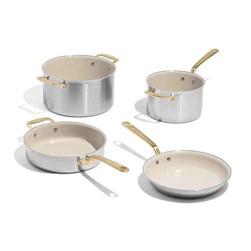 Cookware - 7-Piece CeramiClad Non Stick Pot and Pan Set (Antique Brass Handle) - 5-Ply Stainless Clad - Professional Cookware - Crafted in Italy - Induction Compatible (Antique Brass)